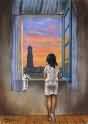 Meisje staande voor een venster kijkende naar de Dom in het avondlicht